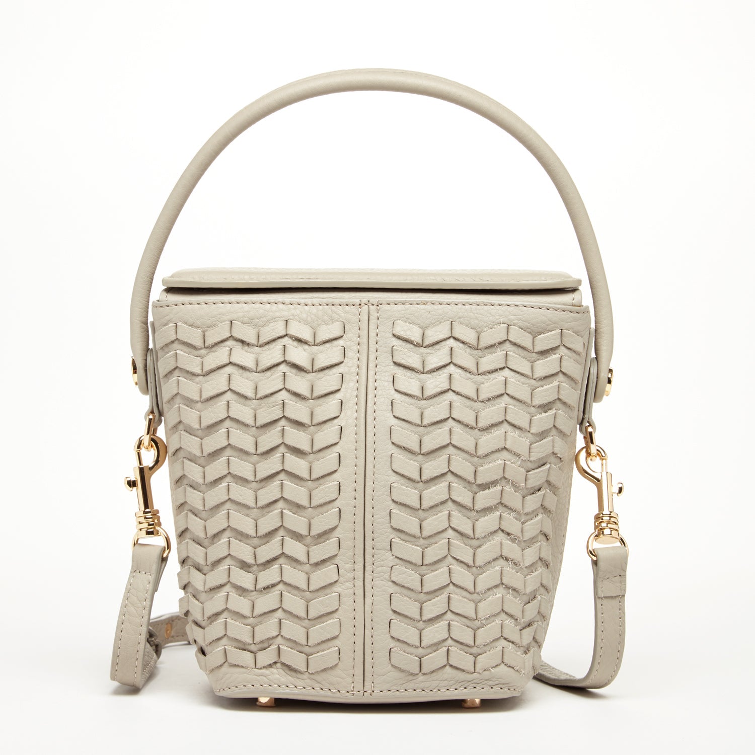 Woven Leather Bucket Bag Quilted Grayish Beige Crossbody