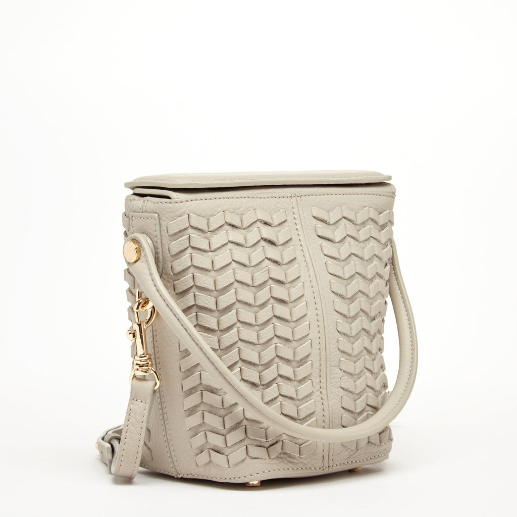 Woven Leather Bucket Bag Quilted Grayish Beige Crossbody