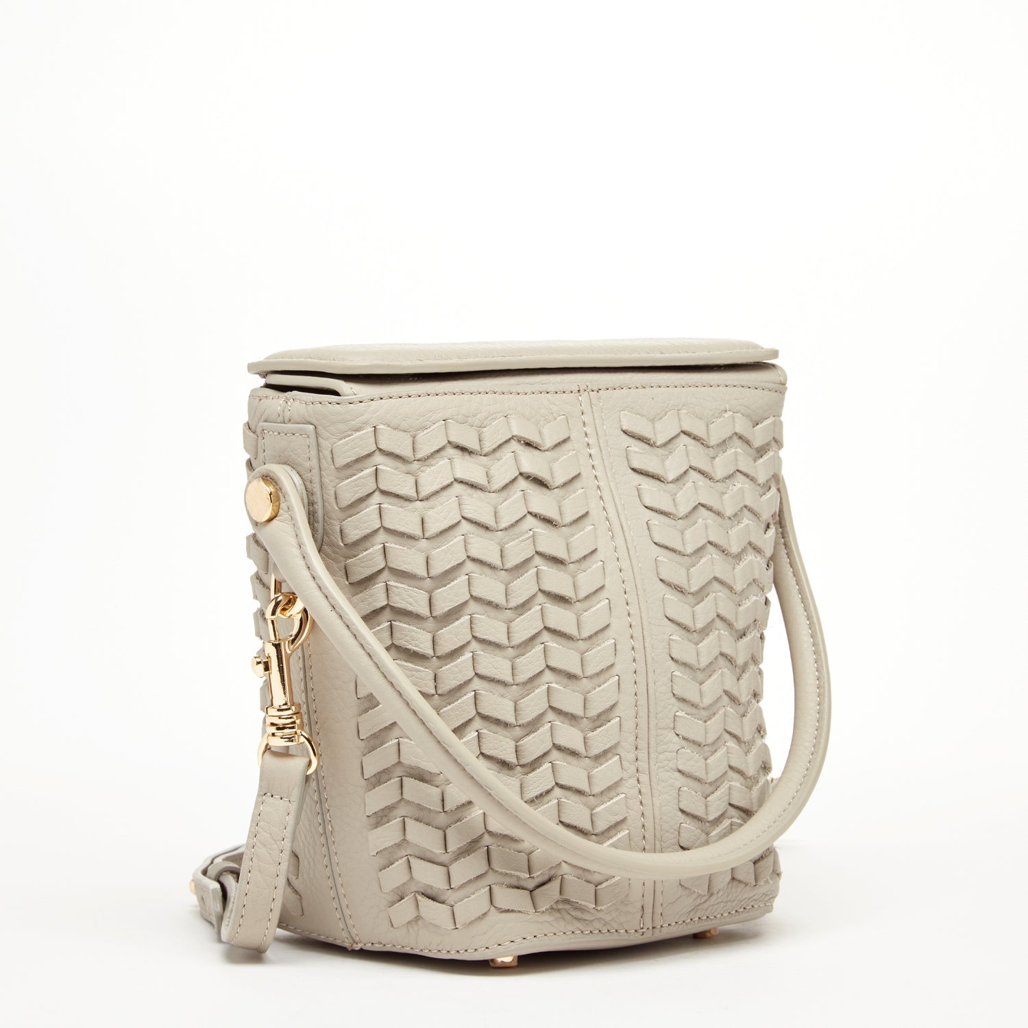 Woven Leather Bucket Bag Quilted Grayish Beige Crossbody