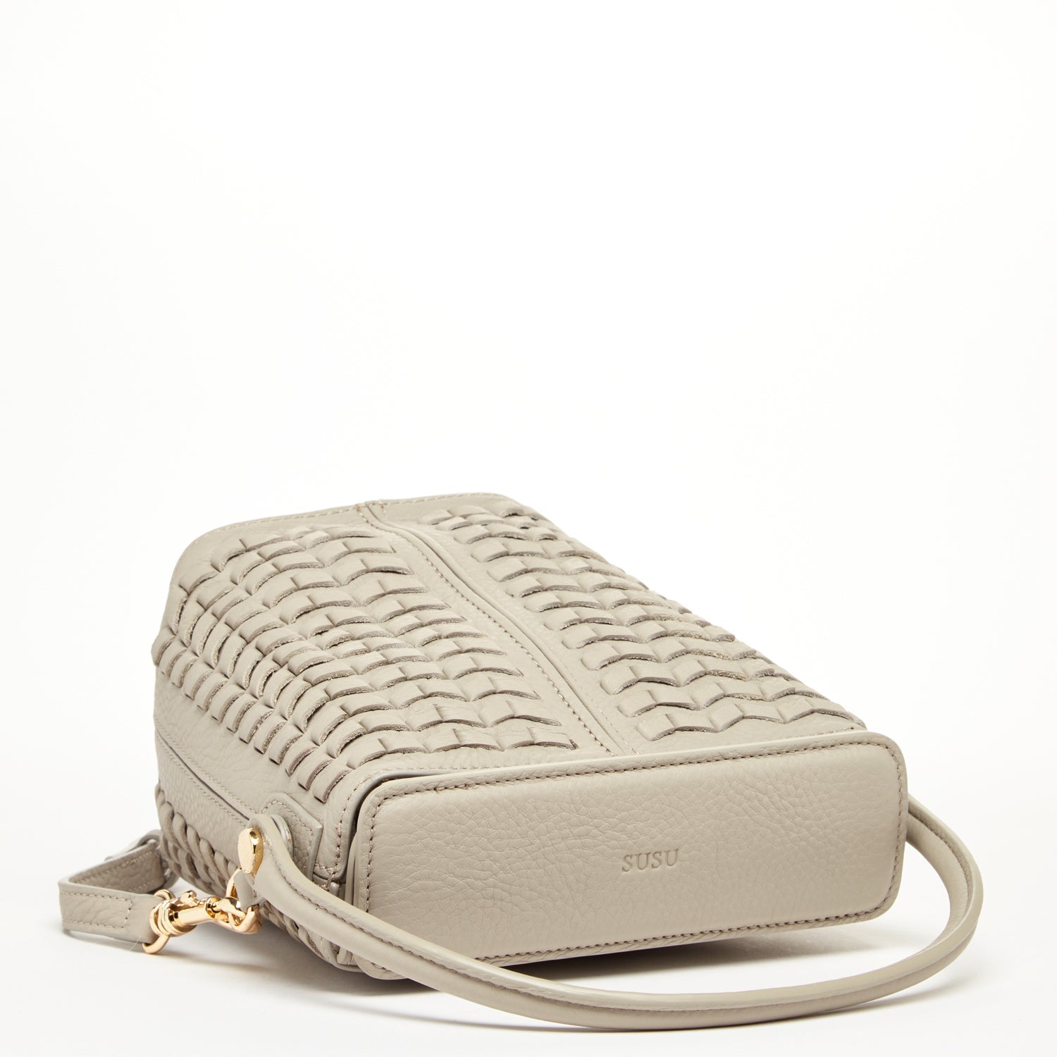 Woven Leather Bucket Bag Quilted Grayish Beige Crossbody