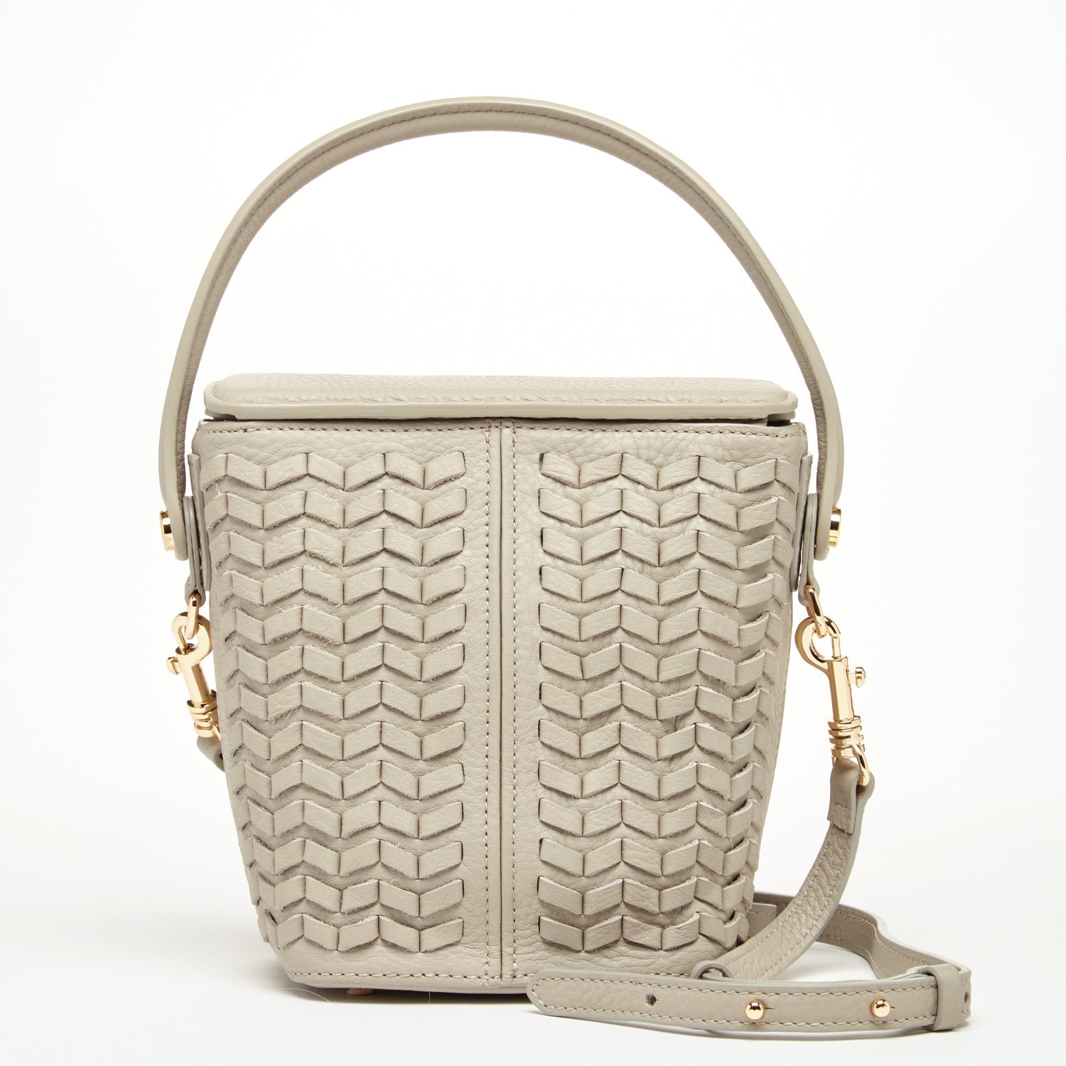 Woven Leather Bucket Bag Quilted Grayish Beige Crossbody