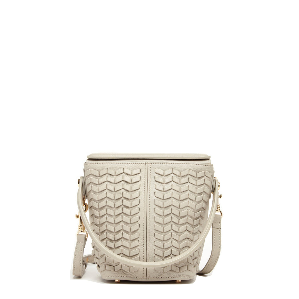 Woven Leather Bucket Bag Quilted Grayish Beige Crossbody