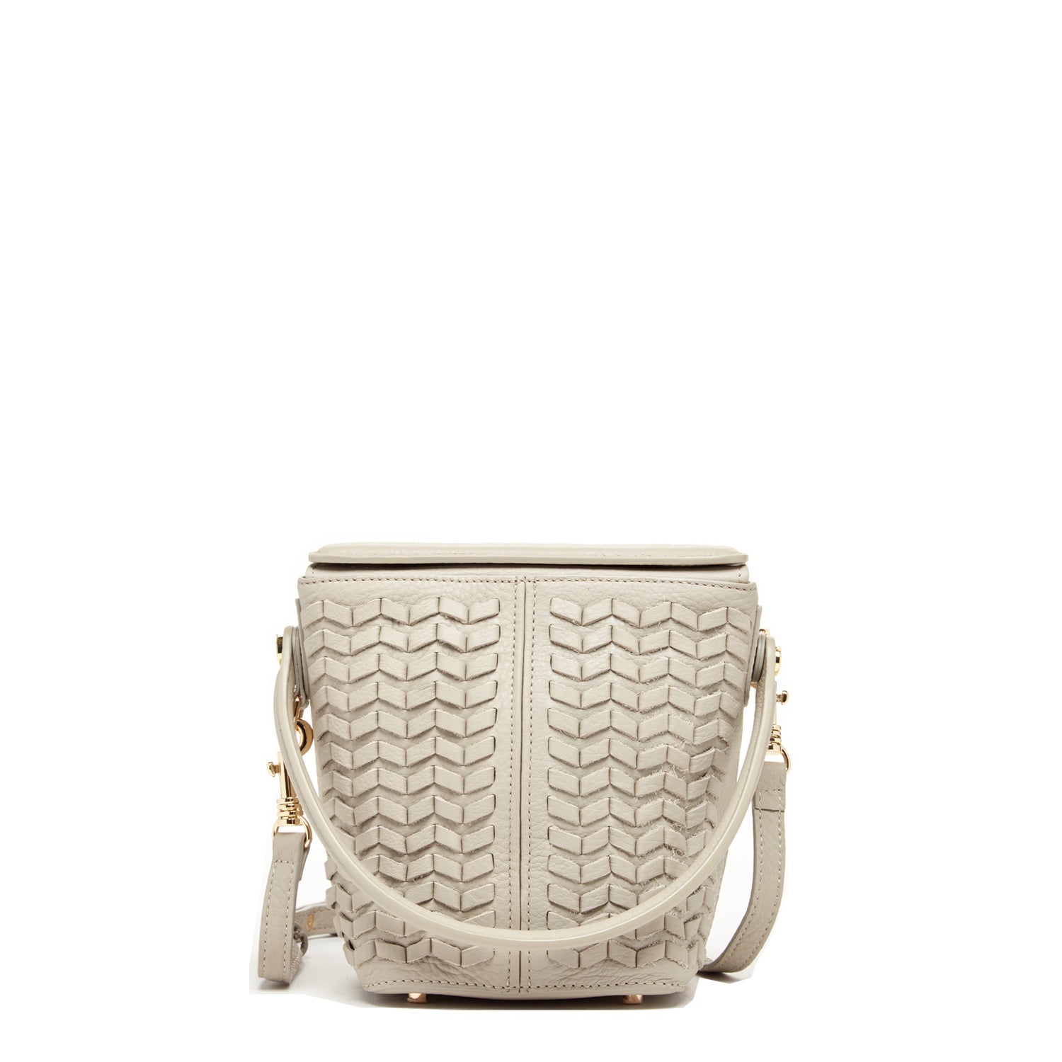 Woven Leather Bucket Bag Quilted Grayish Beige Crossbody