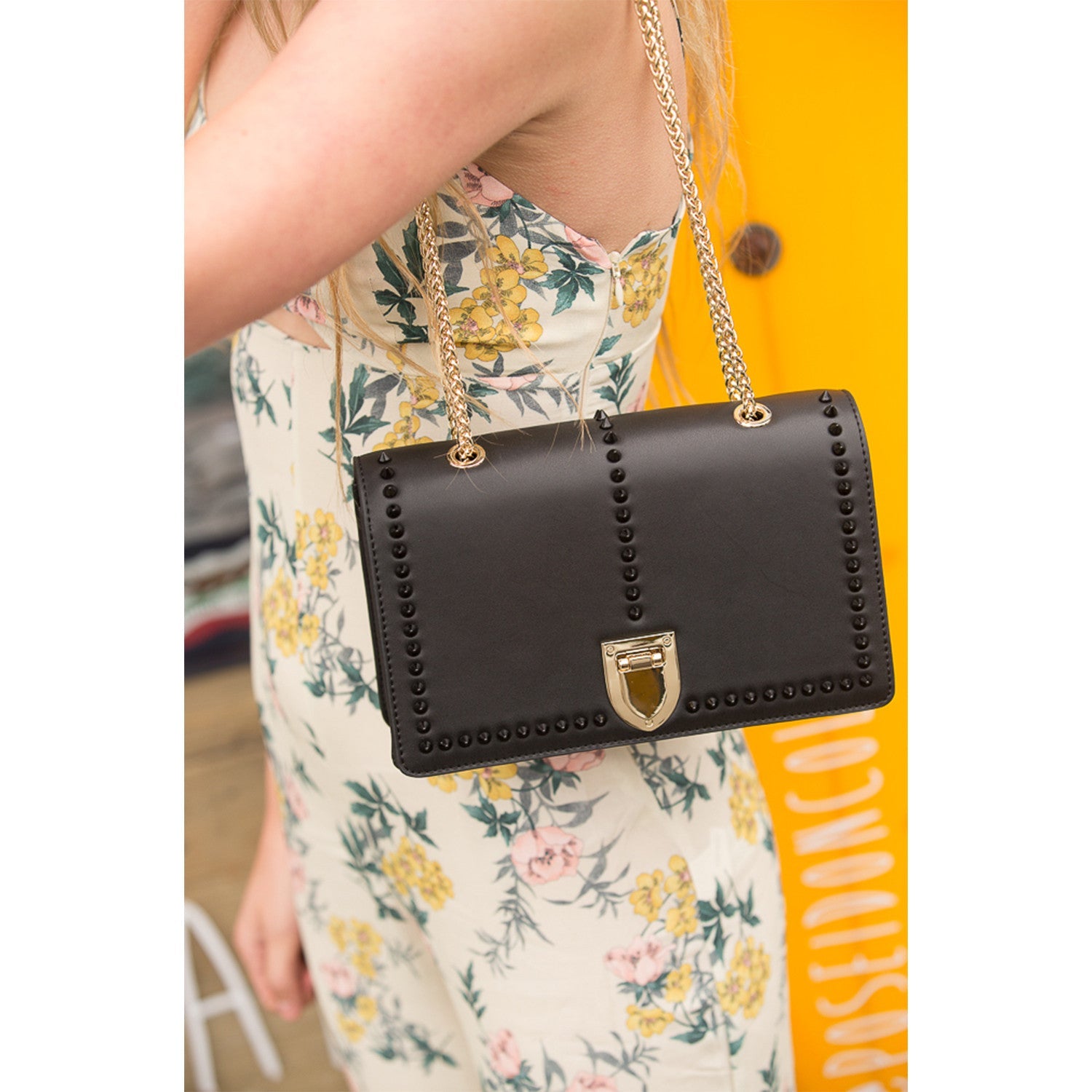 Josie Black Leather Bag with Chain Strap