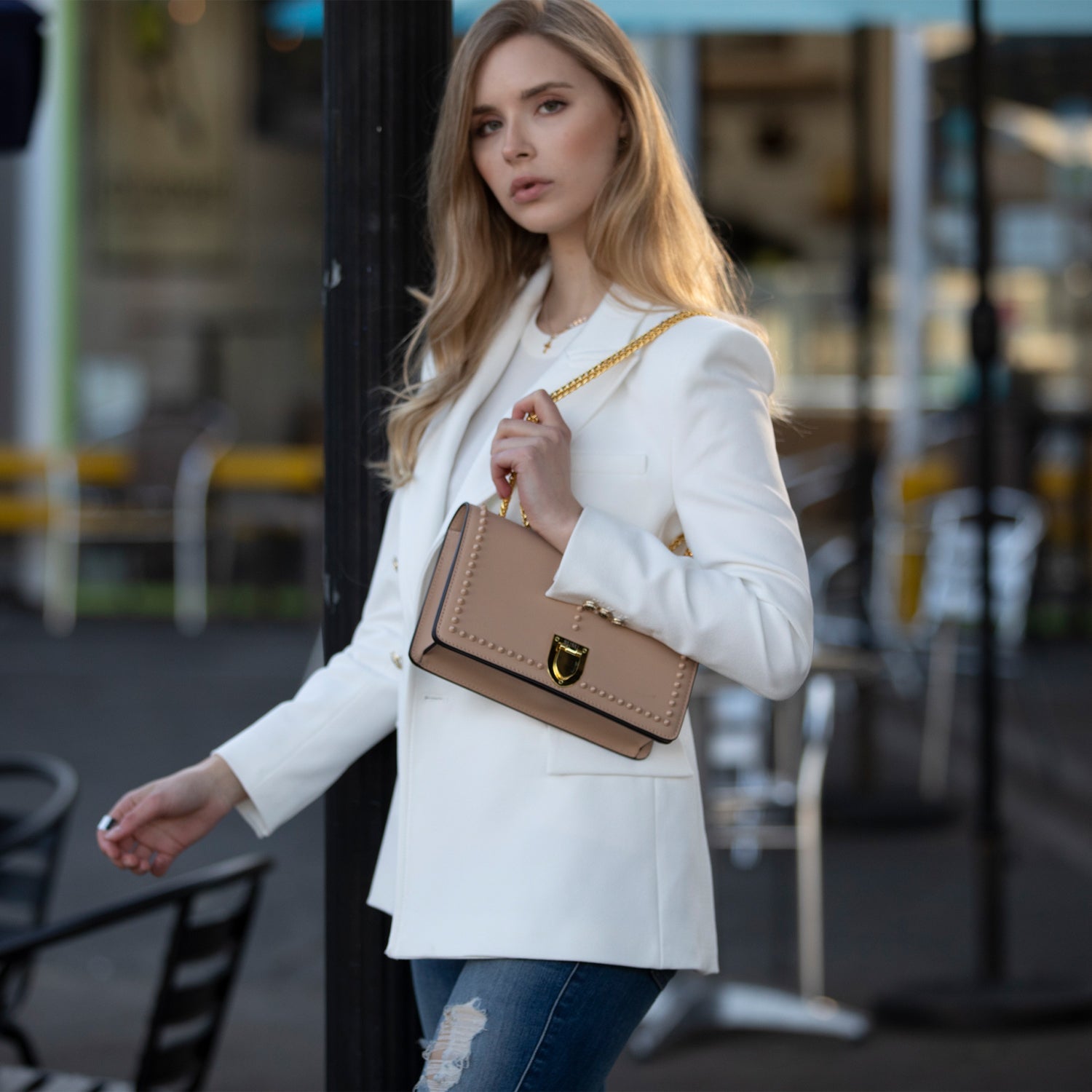 Josie Beige Leather Bag with Chain Strap